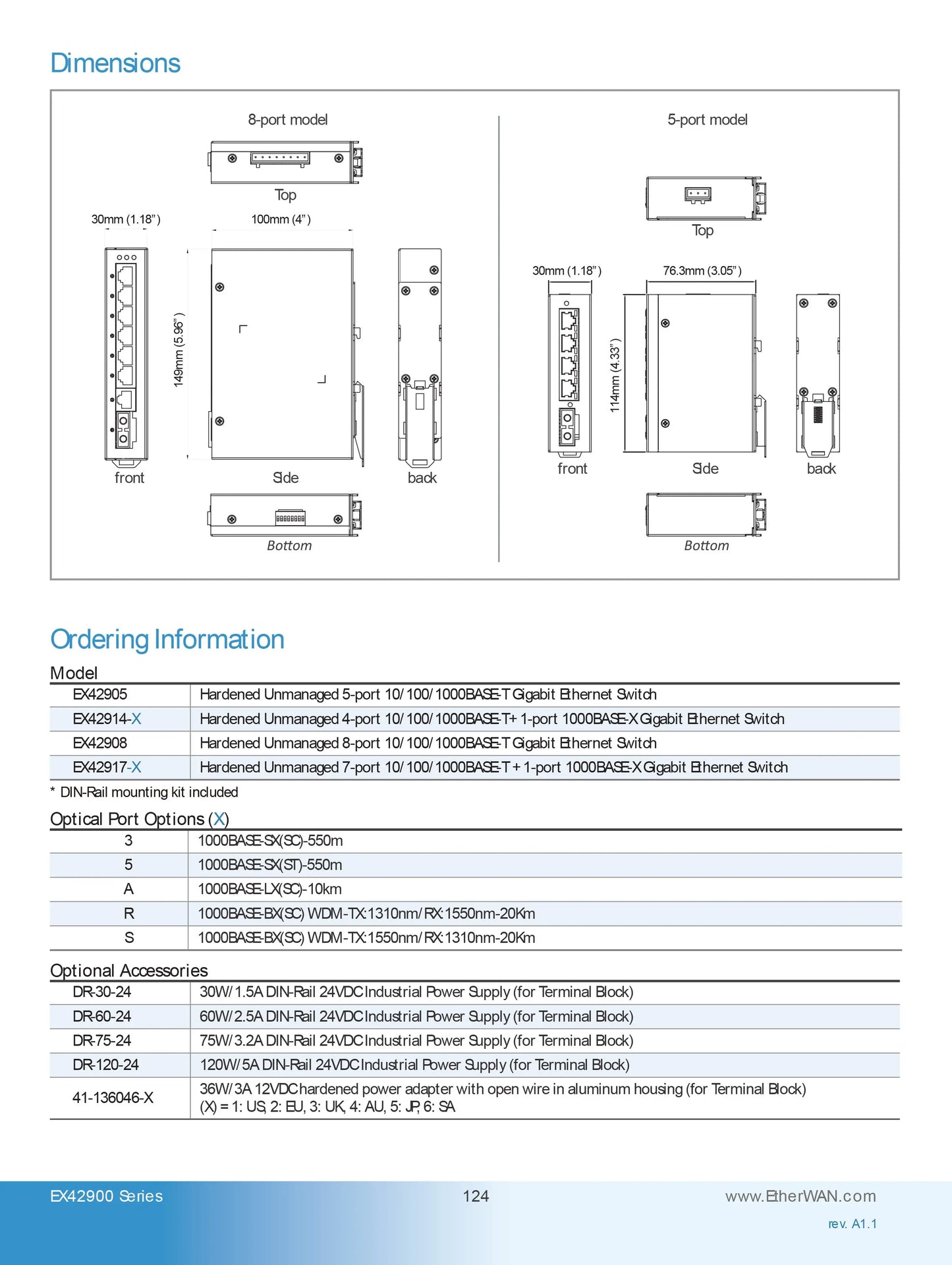 EX42917-3 - Hardened Unmanaged Gigabit Ethernet Switch (7-port 10/100/1000BASE-T +1-port 1000BASE-SX (SC) - 550m etherwanshop