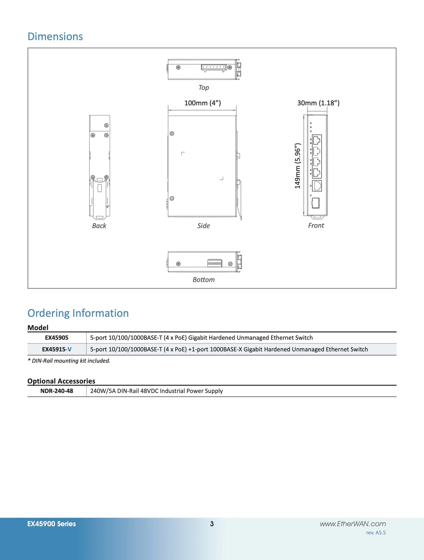EX45905 - Hardened Unmanaged Gigabit Ethernet Switch 5-port 10/100/1000BASE-T (4 x PoE) Power Over Ethernet etherwanshop
