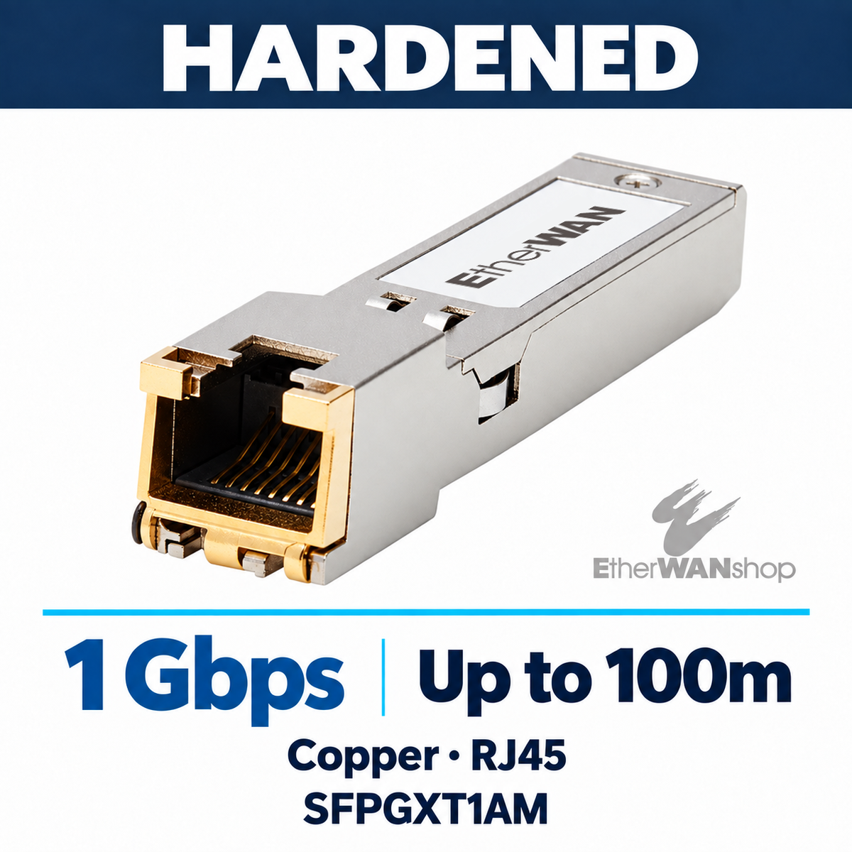 EtherWAN SFPGXT1AM hardened 1 Gbps copper SFP module with RJ45 Ethernet connector