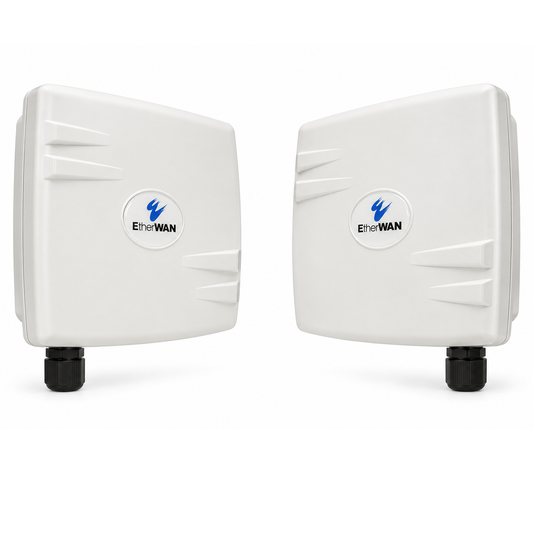 Two EtherWAN EASYLINK-300-US wireless bridge units facing each other on a white background