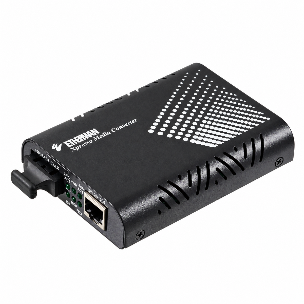EtherWAN EL2211-41U commercial Gigabit fiber media converter, angled view