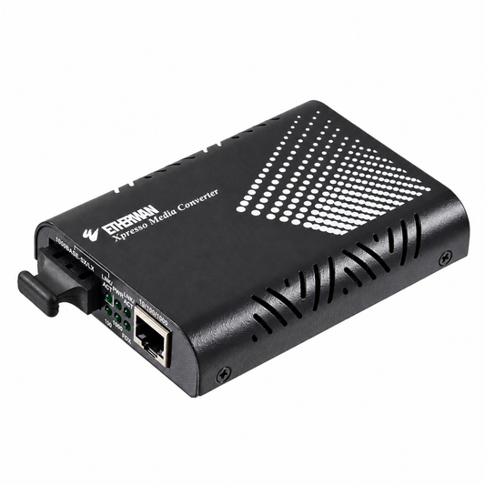 EtherWAN EL2211-41U commercial Gigabit fiber media converter, angled view