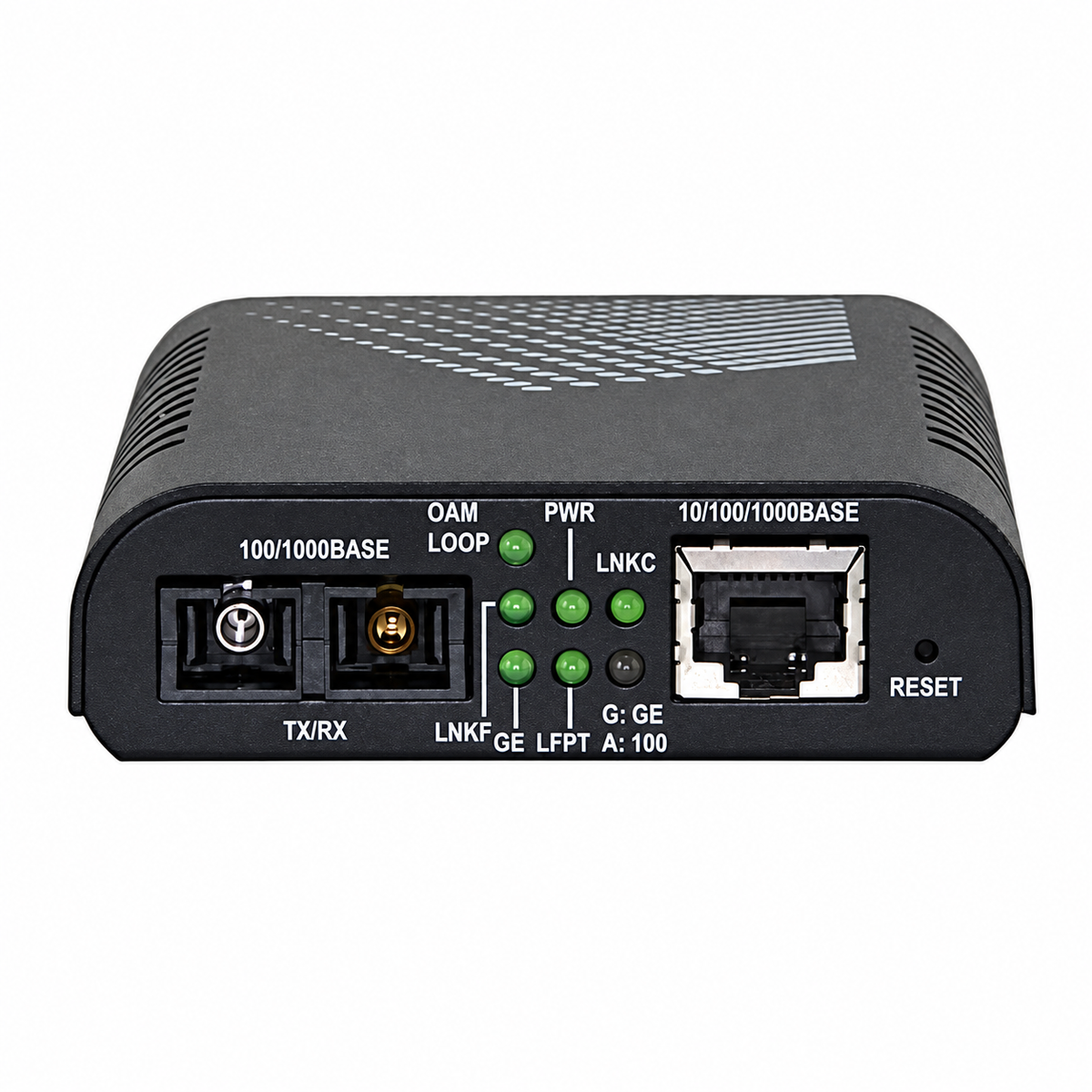 EtherWAN EL2211-41U front panel with RJ45 Ethernet port, SC fiber connectors, and status indicators