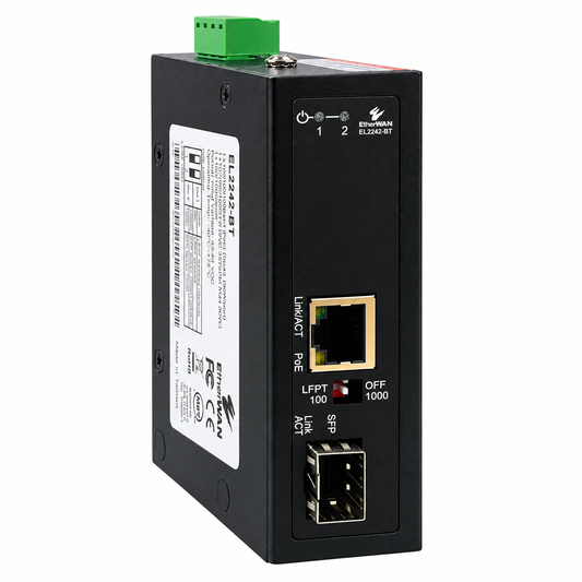 EtherWAN EL2242-BT industrial 90W PoE fiber media converter, angled view.
