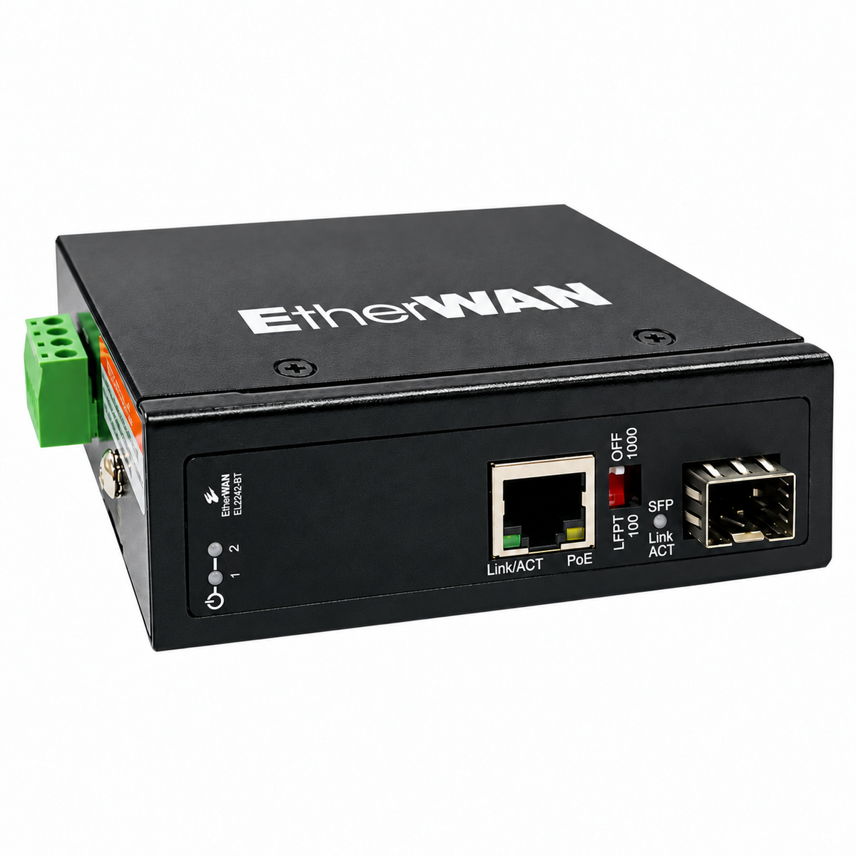 EtherWAN EL2242-BT industrial PoE fiber media converter, side view.
