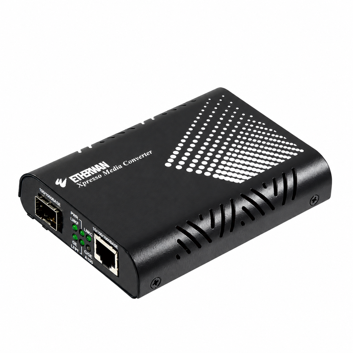 EtherWAN EL2315 SFP fiber media converter, angled view showing Ethernet port and SFP slot