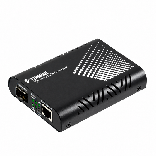 EtherWAN EL2315 SFP fiber media converter, angled view showing Ethernet port and SFP slot