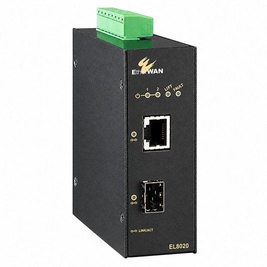 EtherWAN EL8020-V1E industrial SFP fiber media converter, angled view