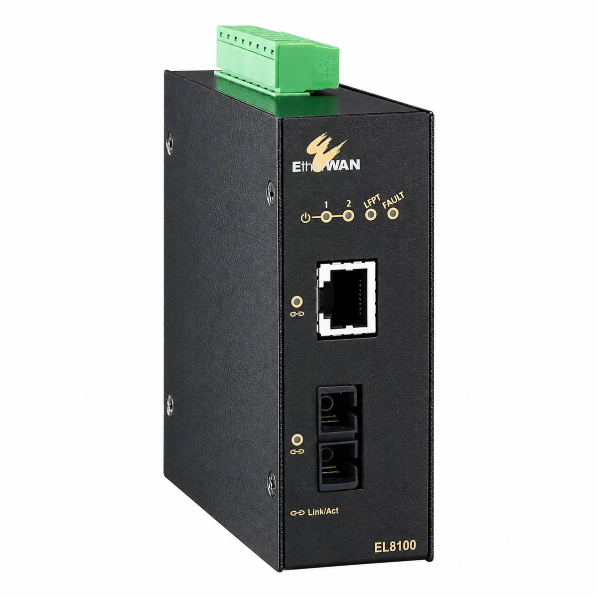 EtherWAN EL8100-41E industrial Gigabit fiber media converter, angled view