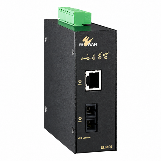 EtherWAN EL8100-41E industrial Gigabit fiber media converter, angled view