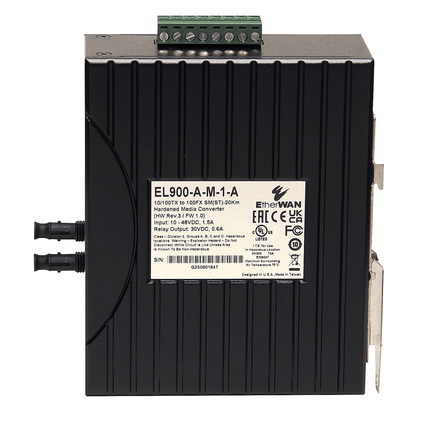EL900-A-M-1-A - Hardened Media Convertor - 20Km, Single Mode (ST) - 1310nm, 10-48VDC (DC Terminal Block)