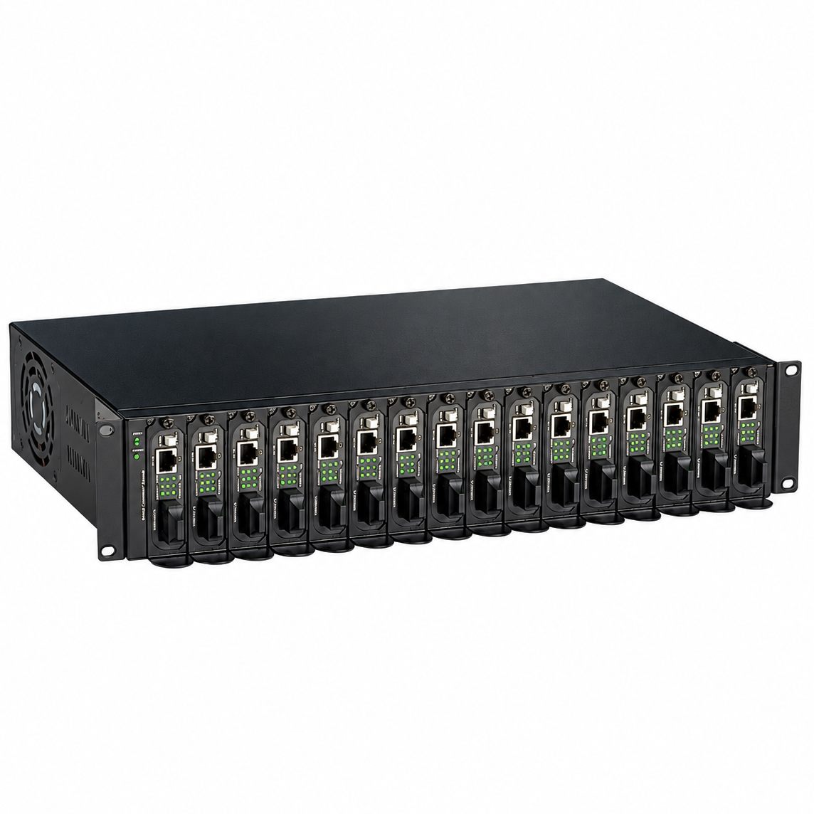 EtherWAN EMC1600 16-slot media converter rack chassis, front angled view