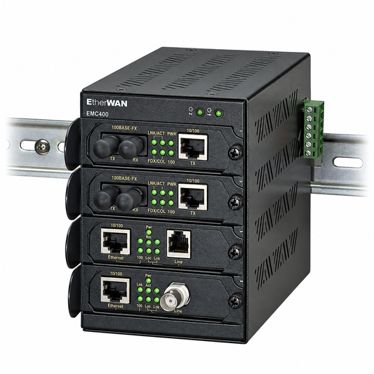 EtherWAN EMC400-EPWS four-slot DIN-rail media converter chassis, angled view