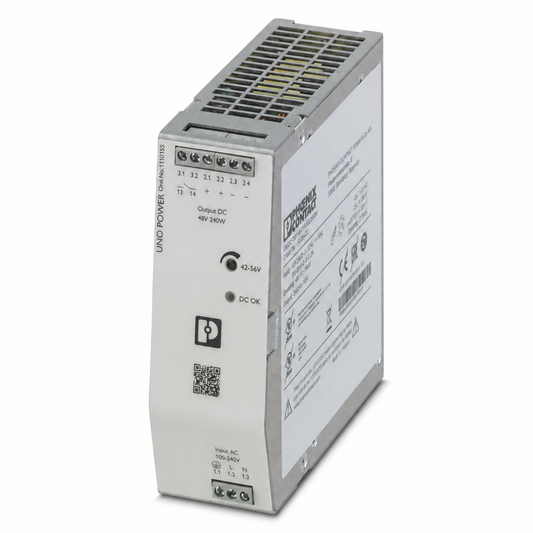EtherWAN EPHX-48-240 48V 240W DIN rail power supply, angled view