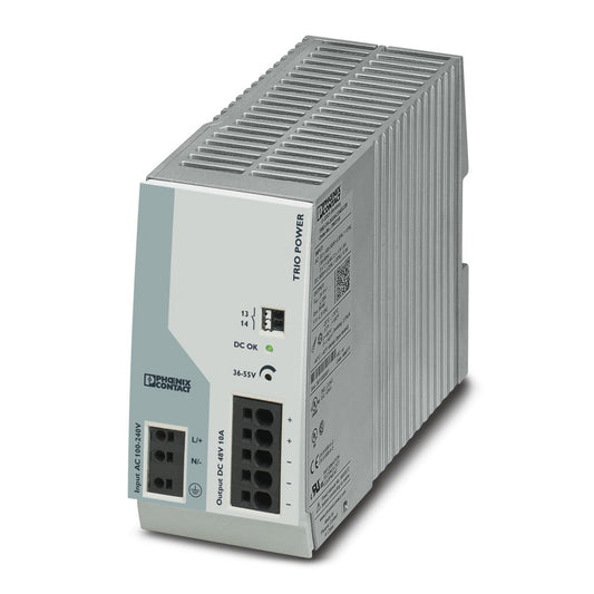 EtherWAN EPHX-48-480 48V 480W DIN rail power supply, front angled view