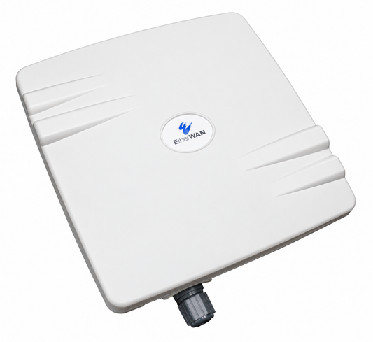 EtherWAN EW75000-13MP industrial wireless bridge, angled view showing the panel antenna enclosure.