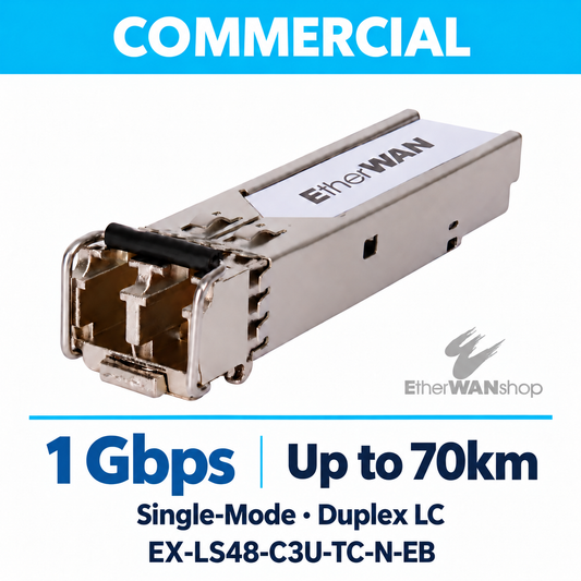 EtherWAN EX-LS48-C3U-TC-N-EB Gigabit single-mode SFP module, angled view showing duplex LC ports and release latch.