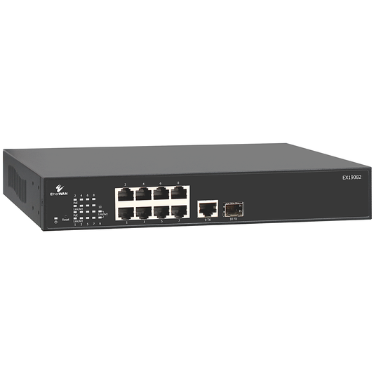 EX19082A - Unmanaged 10-Port Gigabit PoE Ethernet Switch - (8) 10/100/1000BASE-T(X) PoE+ ports and (2) Gigabit uplink ports (1 TX + 1 SFP)