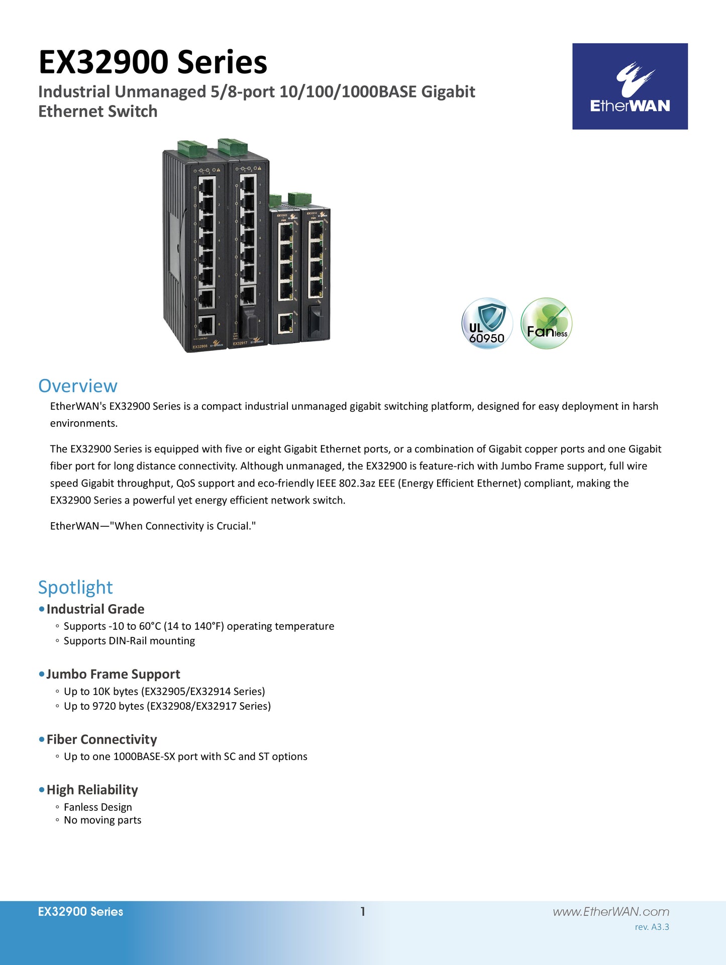 EX32914-3 - Industrial Unmanaged Gigabit Ethernet Switch (4-port 10/100/1000BASE-T +1-port 1000BASE-SX (SC) - 550m