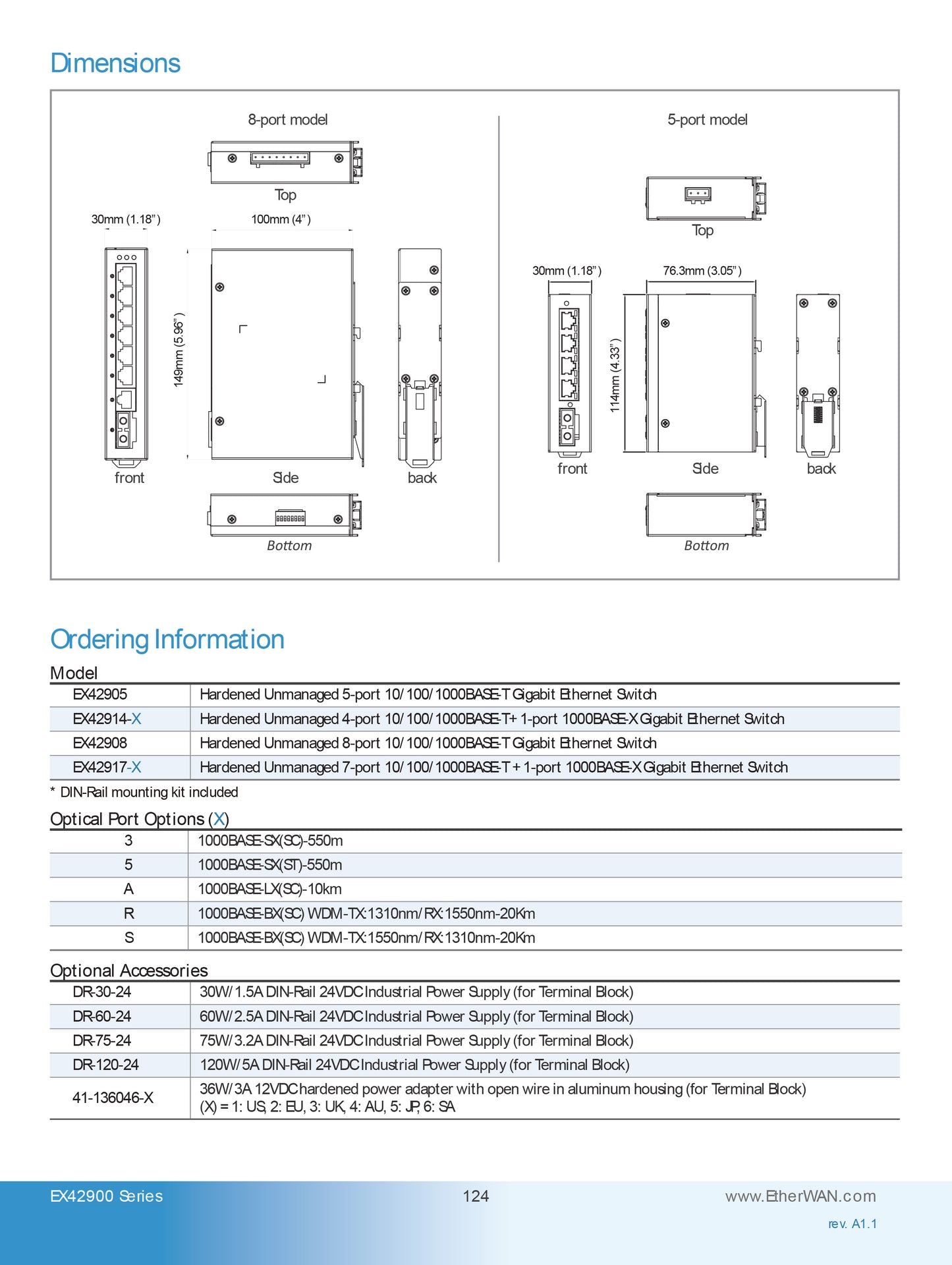 EX42917-5 - Hardened Unmanaged Gigabit Ethernet Switch (7-port 10/100/1000BASE-T +1-port 1000BASE-SX (ST) - 550m