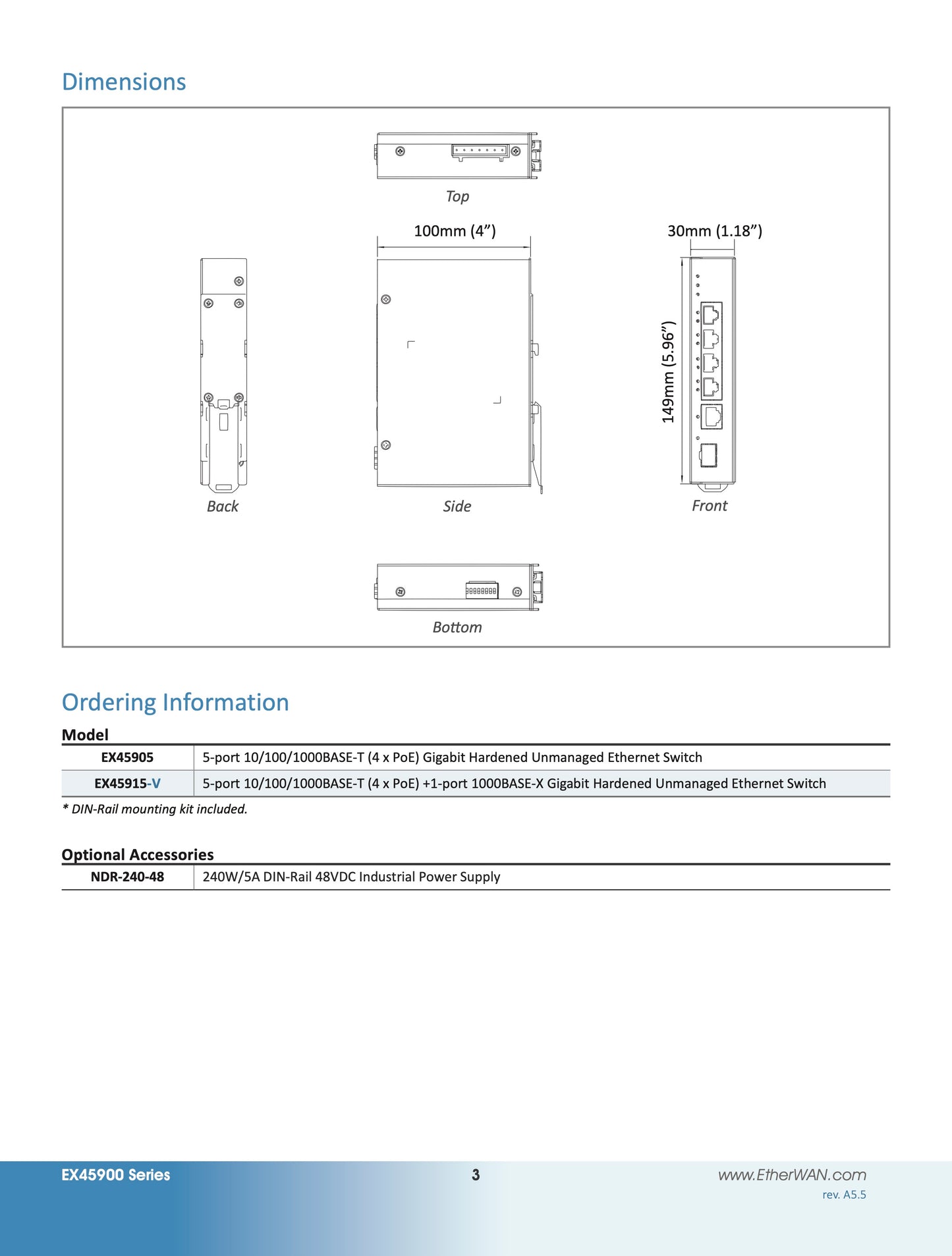 EX45915-5 - Hardened Unmanaged Gigabit Ethernet Switch 5-port 10/100/1000BASE-T (4 x PoE) + 1-port Gigabit Fiber (ST)