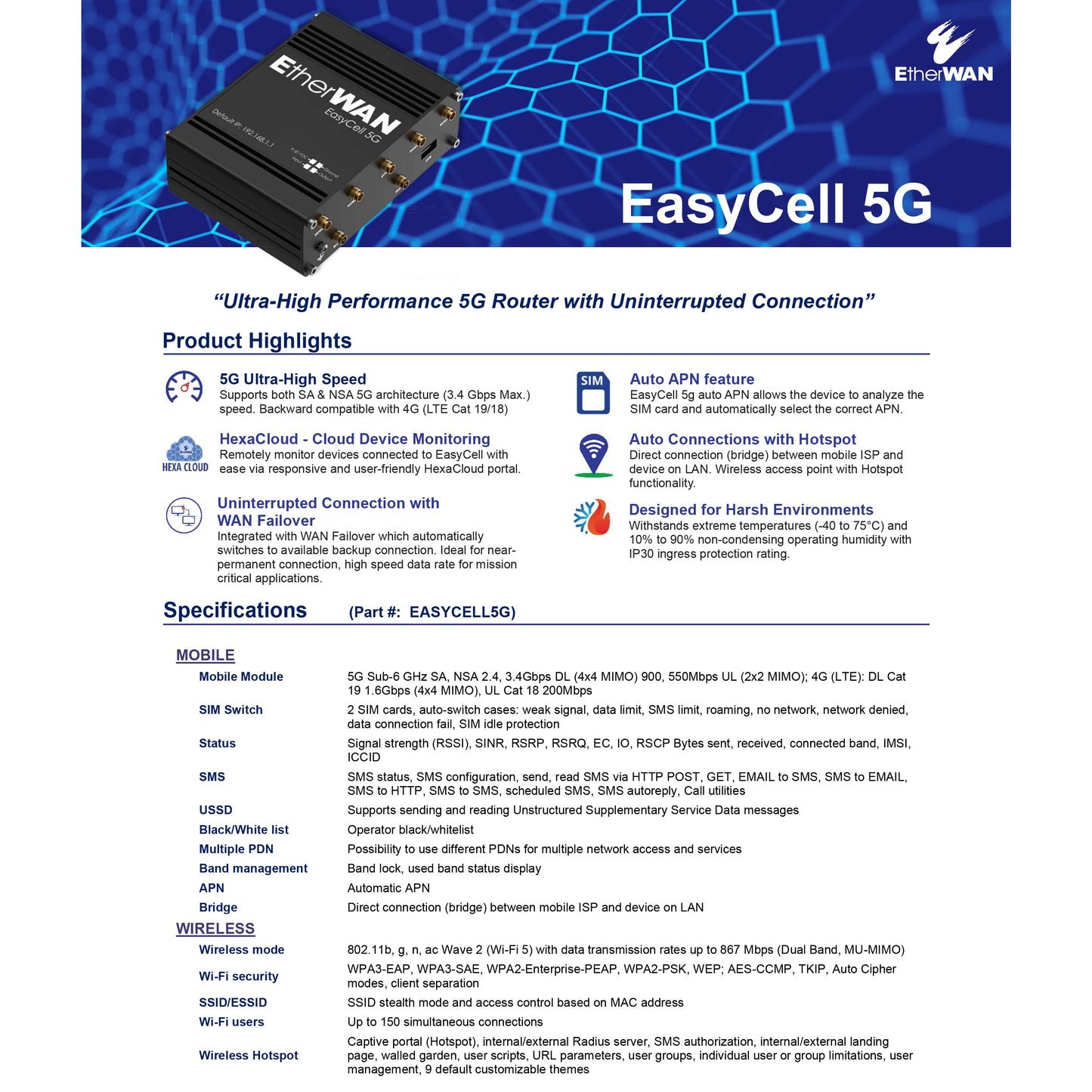 EasyCell-5G - Hardened 5G Router with HexaCloud Device Monitoring & WAN Failover