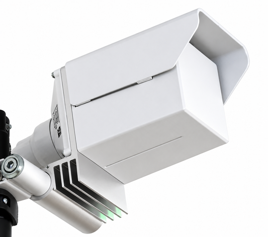 EtherWAN EASYLINK-60 outdoor wireless bridge at an angle, showing its solar shield and adjustable pole mounting bracket