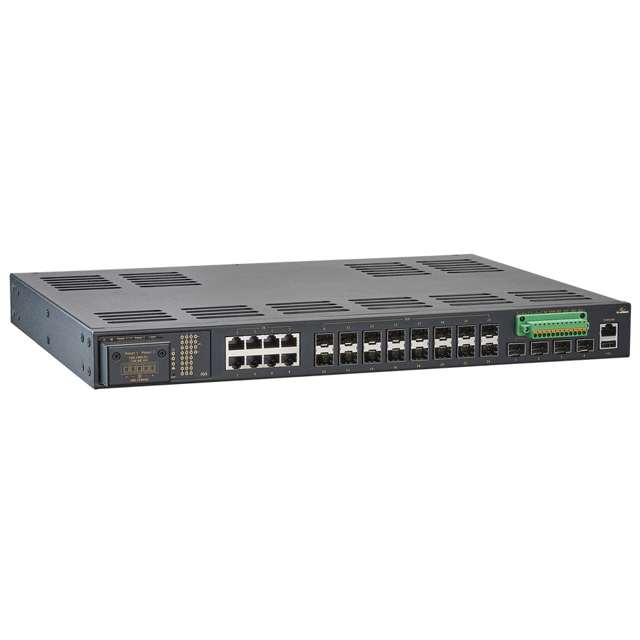 IG5-08164RCR - Hardened Managed Gigabit Ethernet Switch 28-port (8-port 10/100/1000BASE-T(X) + 16-port 100/1000BASE SFP + 4-port 1G/10G SFP+)