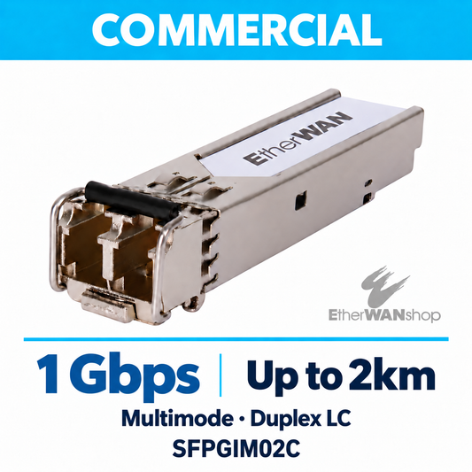 EtherWAN SFPGIM02C Gigabit multimode SFP module, angled view showing duplex LC ports and release latch.