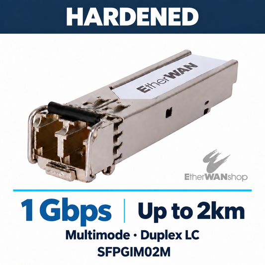 EtherWAN SFPGIM02M Gigabit multimode SFP module, angled view showing duplex LC ports and release latch.