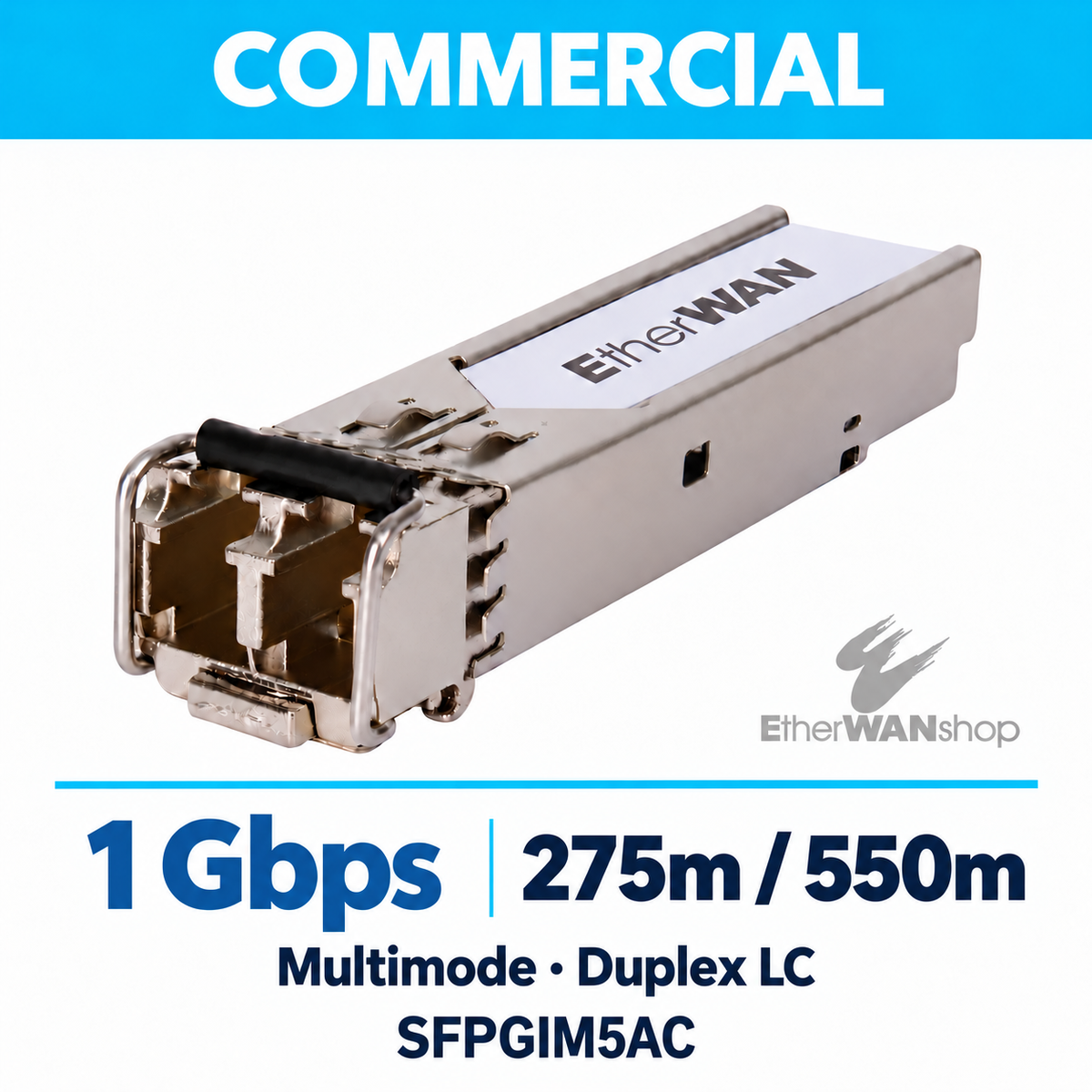 EtherWAN SFPGIM5AC Gigabit multimode SFP module, angled view showing duplex LC ports and release latch.