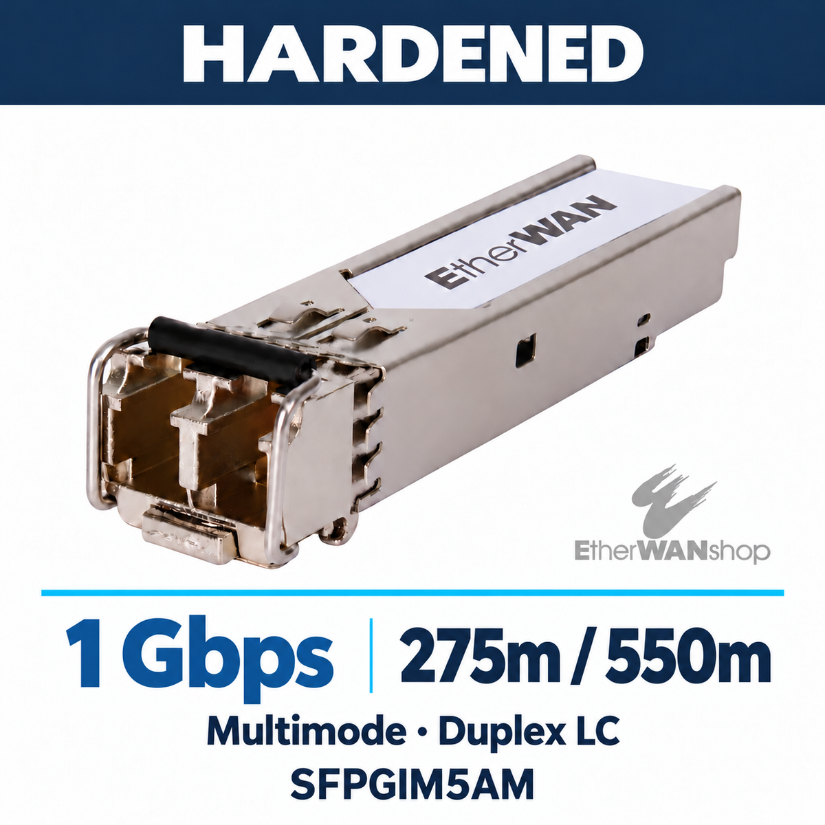 EtherWAN SFPGIM5AM Gigabit multimode SFP module, angled view showing duplex LC ports and release latch.