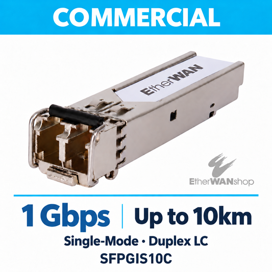 EtherWAN SFPGIS10C Gigabit single-mode SFP module, angled view showing duplex LC ports and release latch.