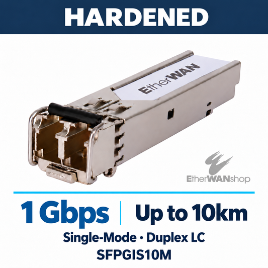 EtherWAN SFPGIS10M Gigabit single-mode SFP module, angled view showing duplex LC ports and release latch.
