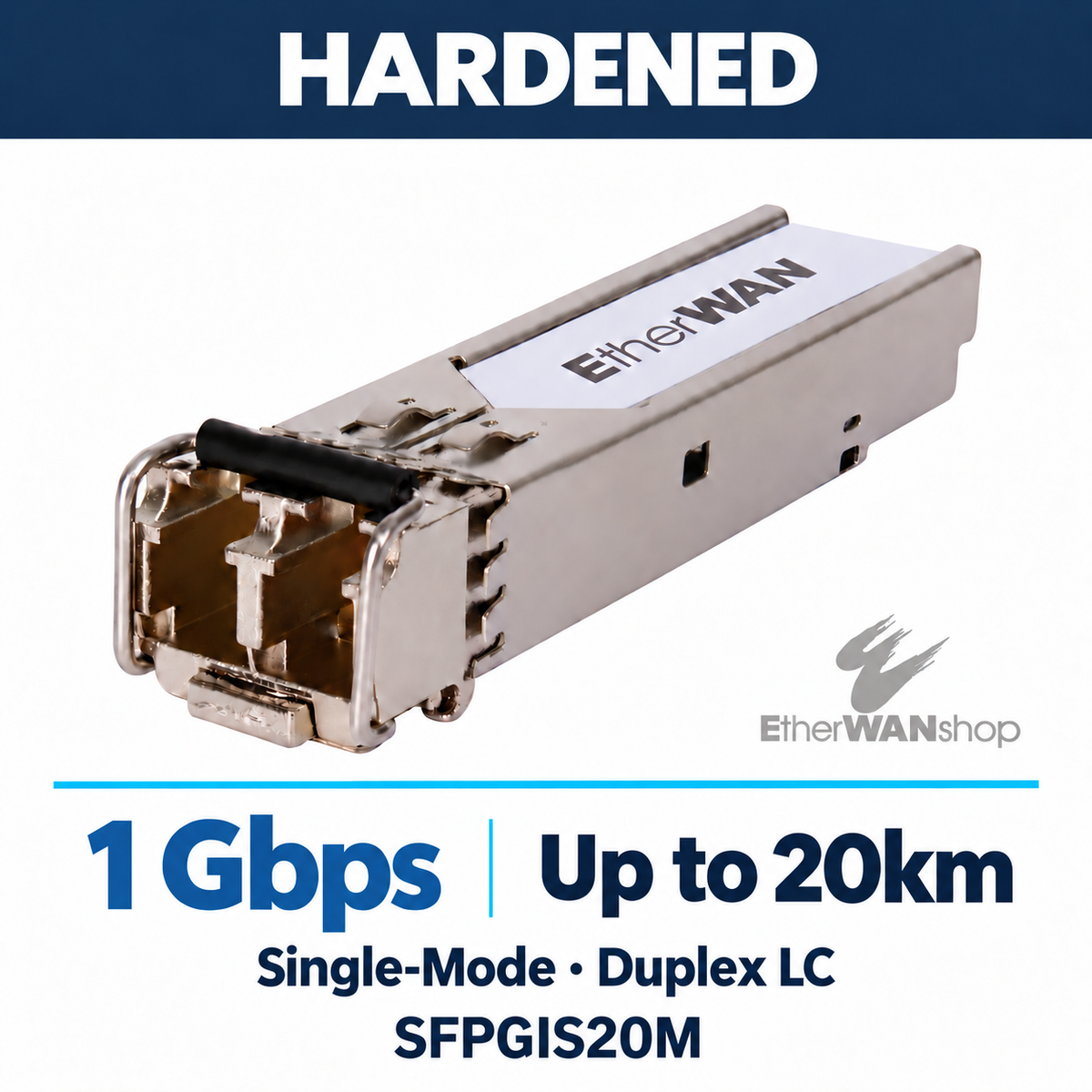 EtherWAN SFPGIS20M Gigabit single-mode SFP module, angled view showing duplex LC ports and release latch.