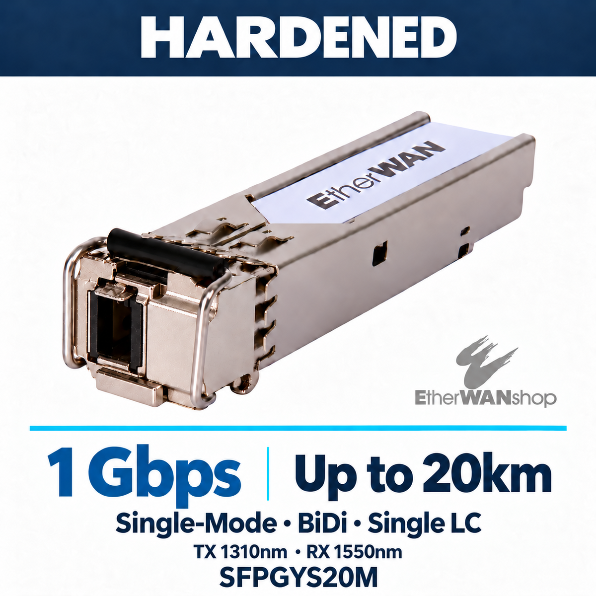 EtherWAN SFPGYS20M module showing single LC SFP transceiver with black release latch.