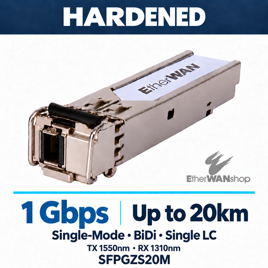 EtherWAN SFPGZS20M module showing single LC SFP transceiver with black release latch.
