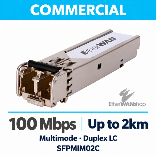 EtherWAN SFPMIM02C 100 Mbps multimode SFP module, angled view showing duplex LC ports and release latch.