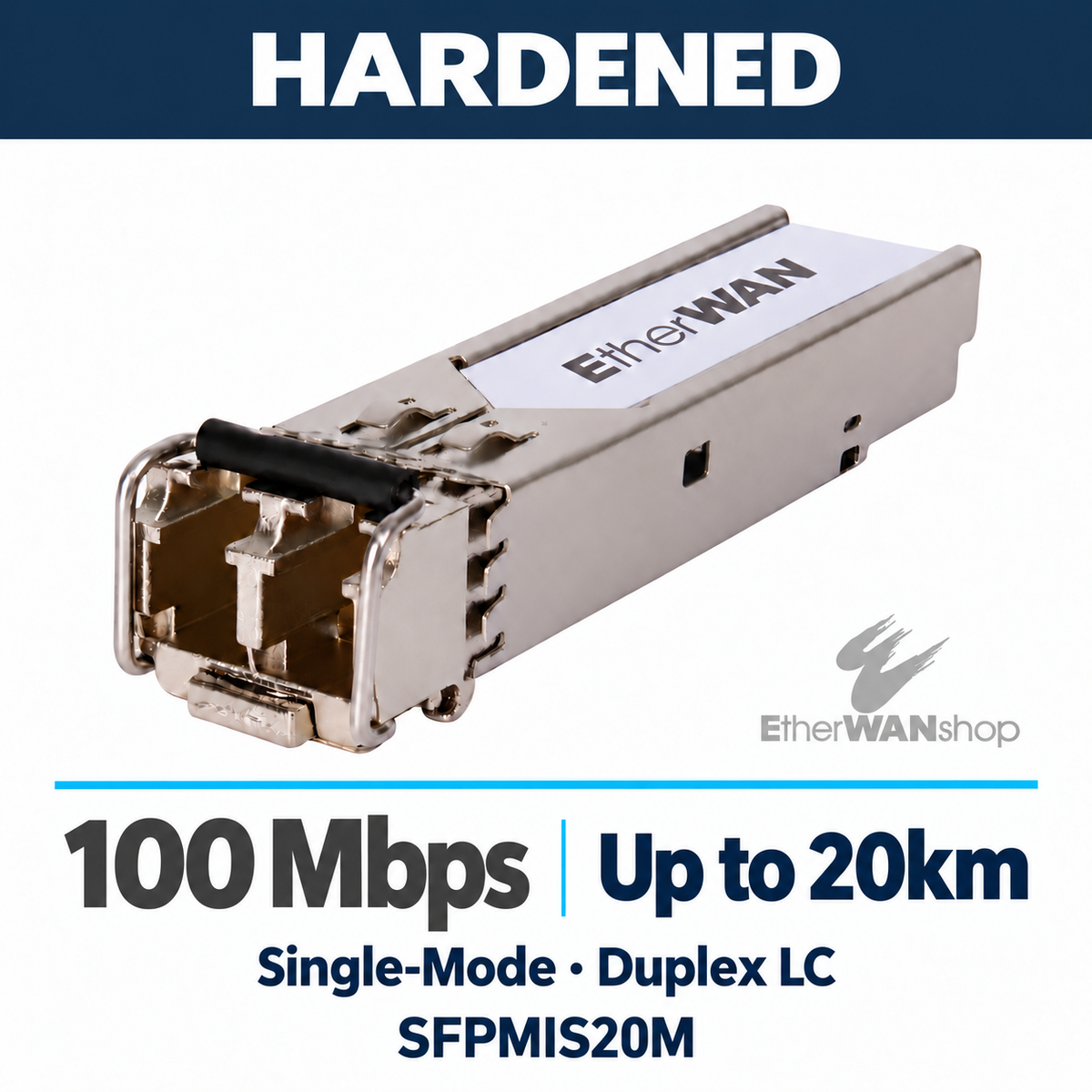 EtherWAN SFPMIS20M 100 Mbps single-mode SFP module, angled view showing duplex LC ports and release latch.