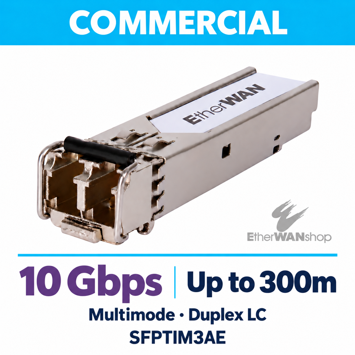 EtherWAN SFPTIM3AE 10-Gigabit multimode SFP module, angled view showing duplex LC ports and release latch.
