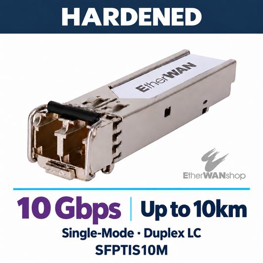EtherWAN SFPTIS10M 10-Gigabit single-mode SFP module, angled view showing duplex LC ports and release latch.