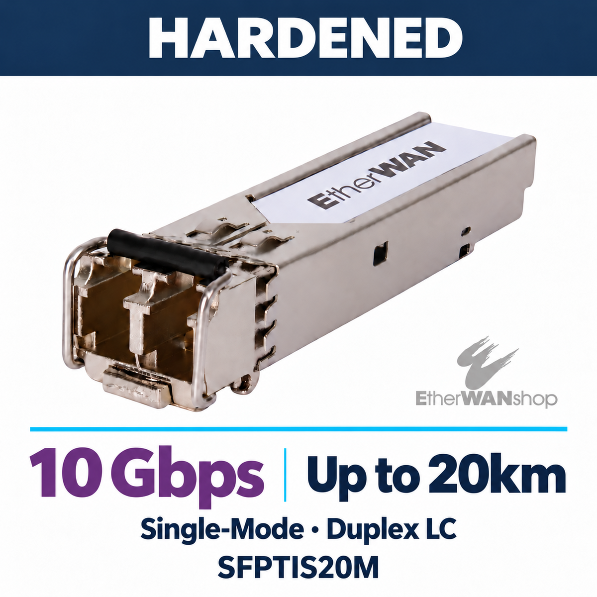 EtherWAN SFPTIS20M 10-Gigabit single-mode SFP module, angled view showing duplex LC ports and release latch.