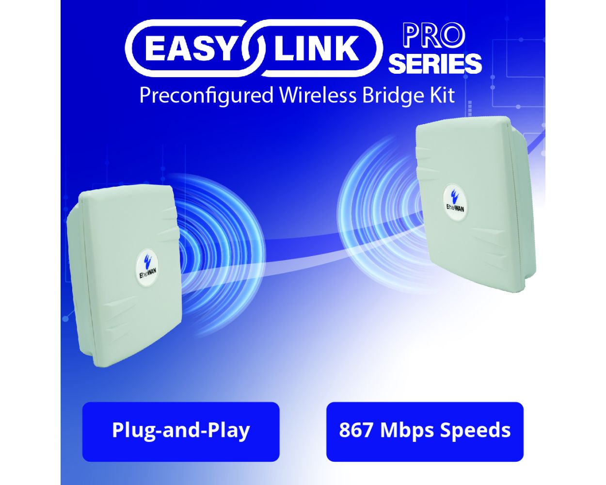 EasyLink-PRO-US - Wireless Bridge Kit, Preconfigured, IP67, 867Mbps 802.11a/n/ac, IP67, 5GHz/13dBi Panel Antenna